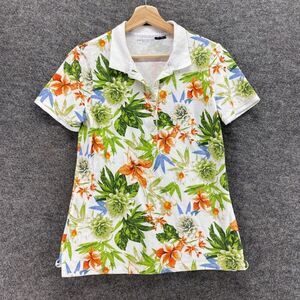 Laura Scott Polo Shirt Women S Small White Floral Collared Button Short Sleeve